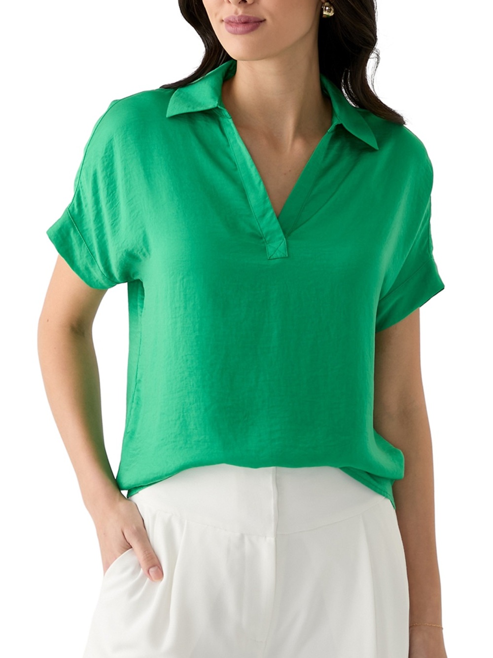 Women’s Bright Green Collared V-Neck Short Sleeve Blouse